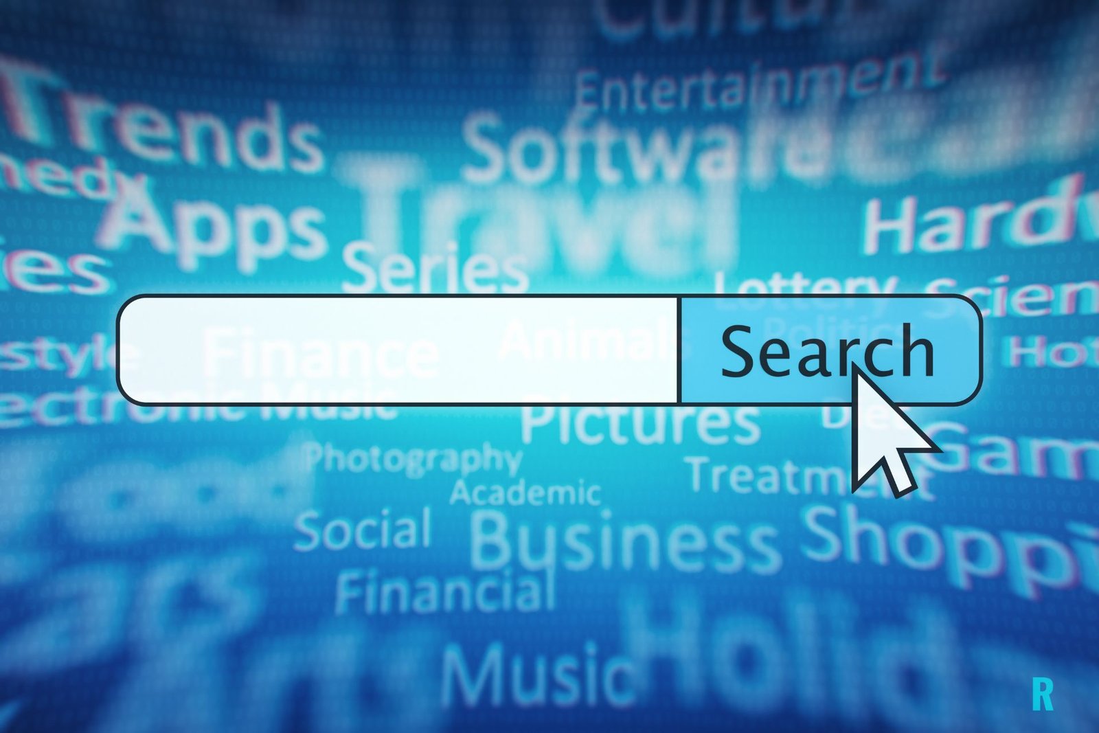 Barra de búsqueda en internet con cursor y palabras difuminadas que representan el futuro de Google y otros buscadores y answer engines