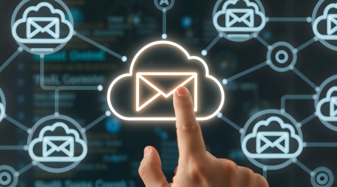 Mano tocando un icono de correo dentro de una nube en una interfaz digital con red de emails conectados.