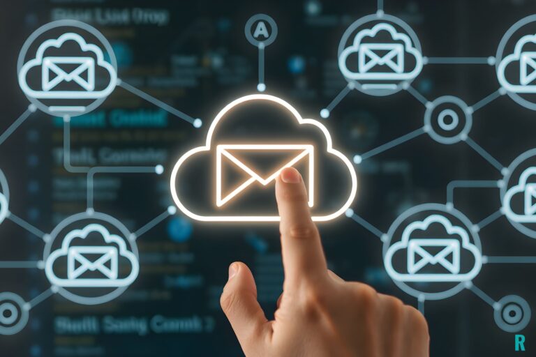 Mano tocando un icono de correo dentro de una nube en una interfaz digital con red de emails conectados.