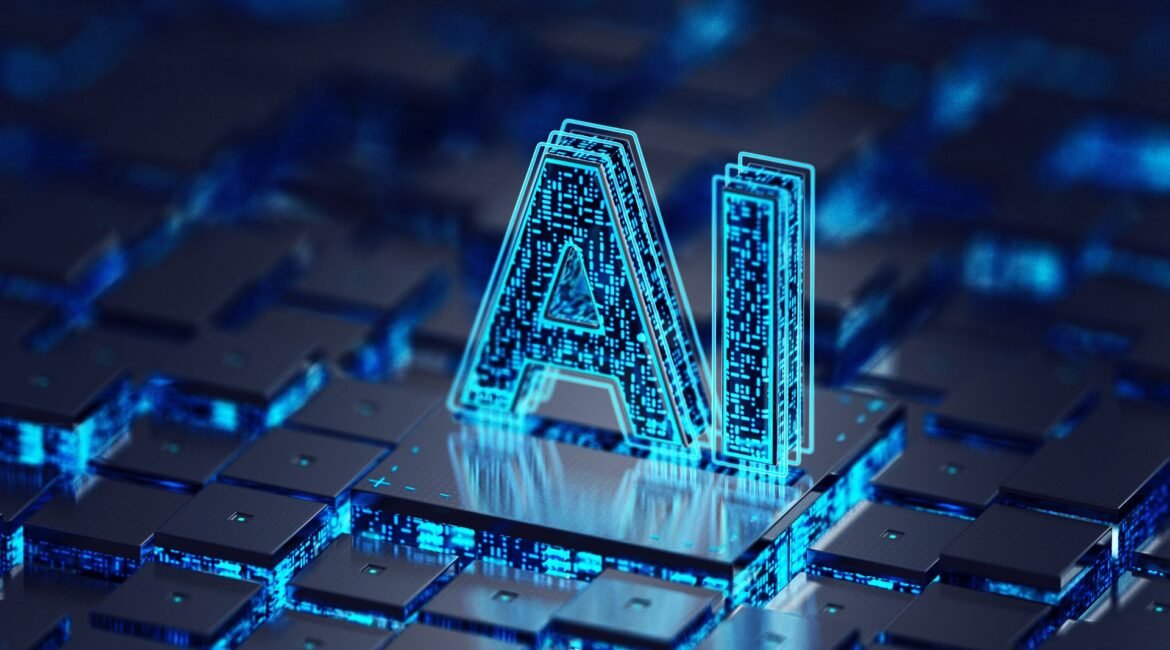 Letras luminosas AI sobre una placa digital que simbolizan la automatización con inteligencia artificial en marketing digital