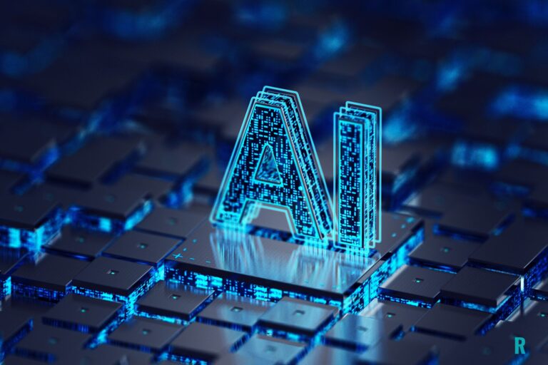 Letras luminosas AI sobre una placa digital que simbolizan la automatización con inteligencia artificial en marketing digital