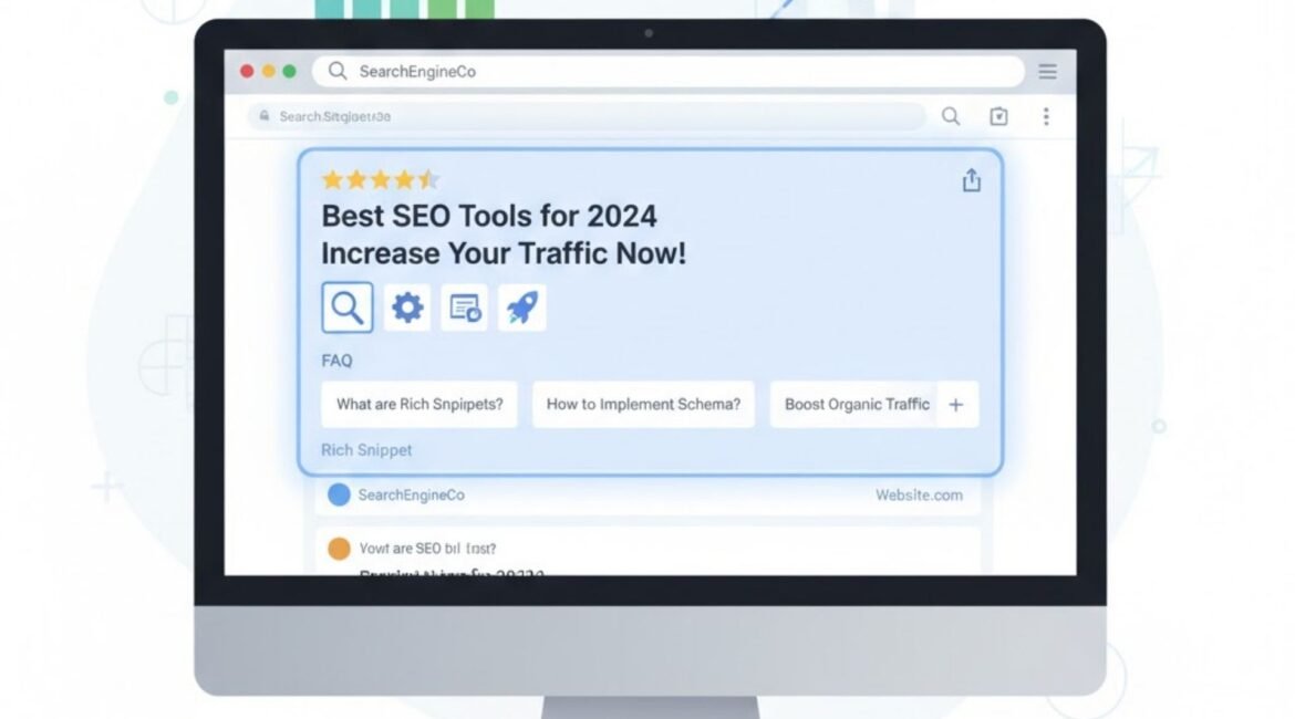 Ilustración de resultados de búsqueda con rich snippets y estrellas de valoración para mejorar el SEO.