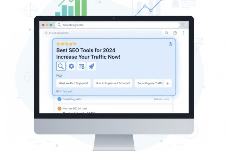 Ilustración de resultados de búsqueda con rich snippets y estrellas de valoración para mejorar el SEO.