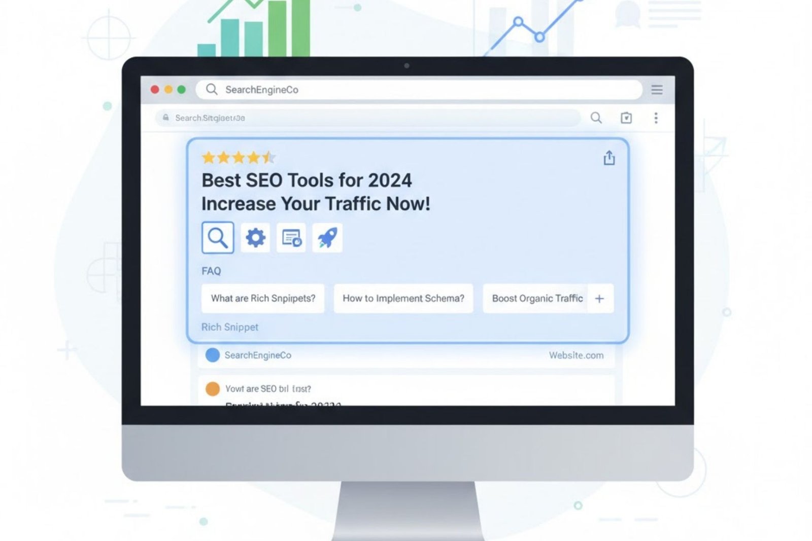 Ilustración de resultados de búsqueda con rich snippets y estrellas de valoración para mejorar el SEO.