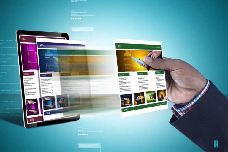 Mano pasando páginas de una web con efecto de velocidad que simboliza la carga rápida y los Core Web Vitals