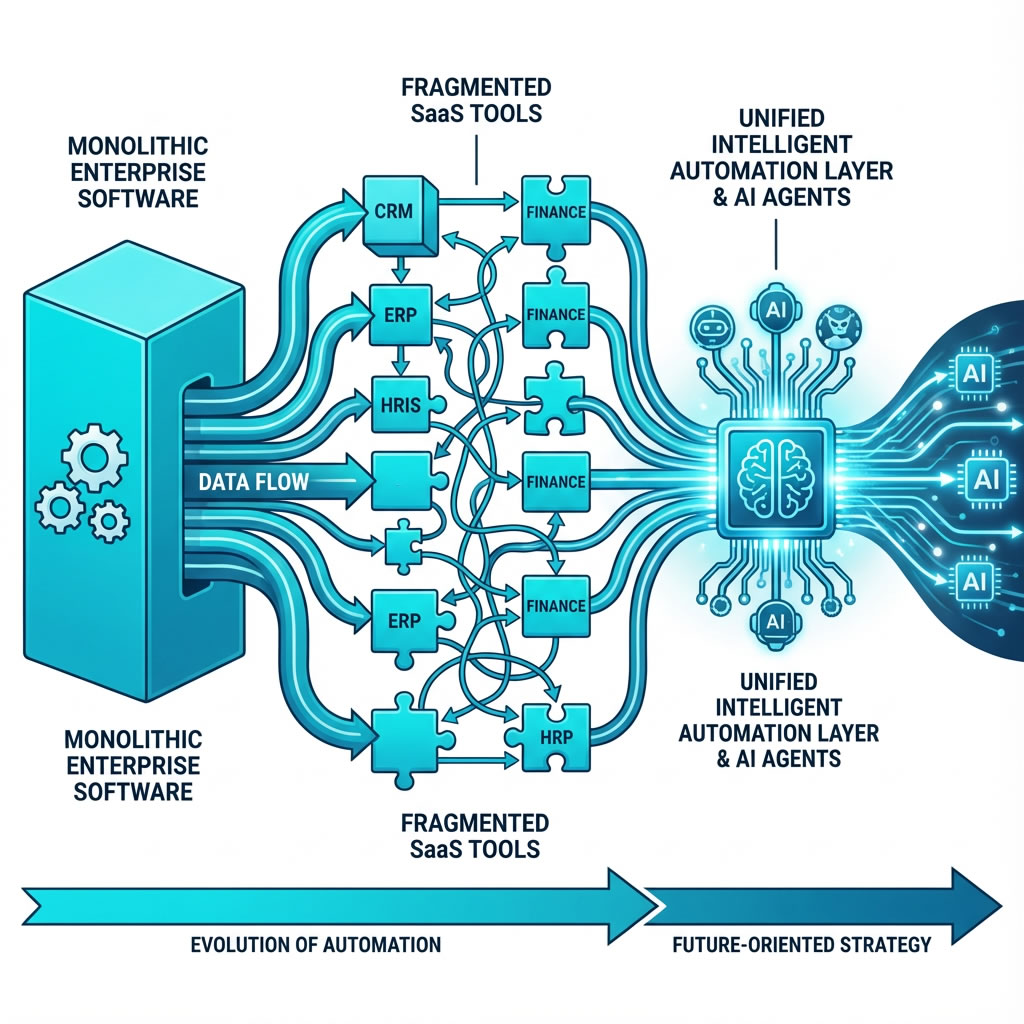 Diagrama que muestra la evolución de la automatización empresarial desde software monolítico, pasando por herramientas SaaS fragmentadas, hasta una capa unificada de automatización con agentes de inteligencia artificial.