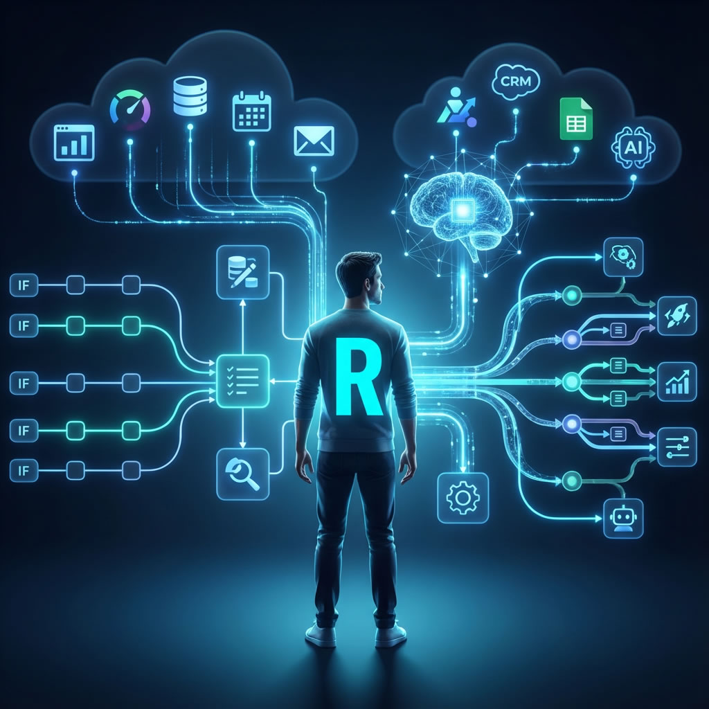 Ilustración de una persona frente a flujos de automatización que conectan herramientas en la nube, reglas condicionales y agentes de inteligencia artificial que coordinan procesos empresariales.