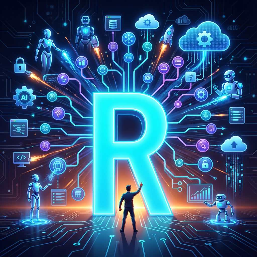Ilustración de automatización con inteligencia artificial mostrando flujos de datos, agentes de IA y herramientas conectadas en la nube alrededor de un creador digital, Riojaclik, La Rioja.