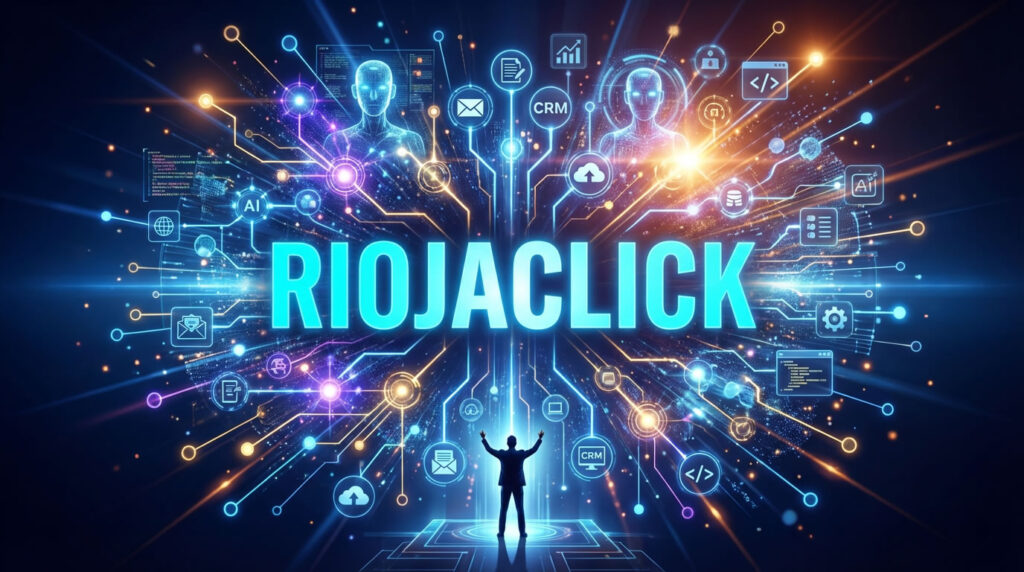 Ilustración tecnológica con el nombre RiojaClick en el centro, rodeado de flujos de datos, herramientas digitales, automatización, CRM y agentes de inteligencia artificial interconectados.