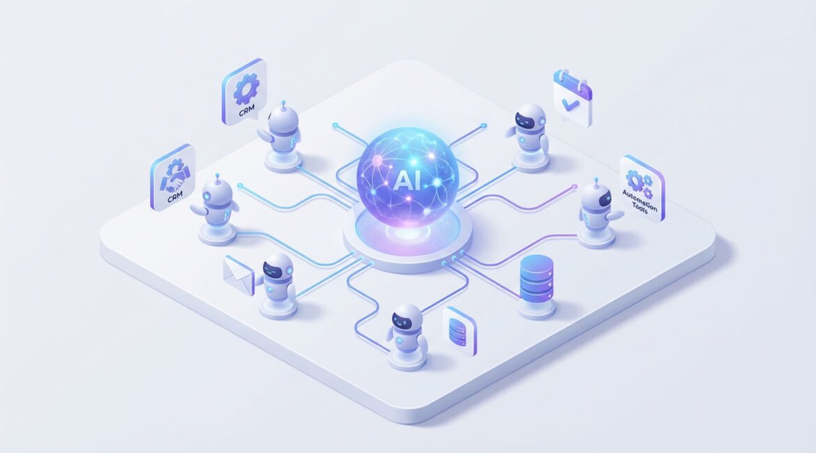 Ilustración isométrica de Agentic AI: núcleo de inteligencia artificial conectado a agentes autónomos y herramientas como CRM, email, base de datos y automatización.