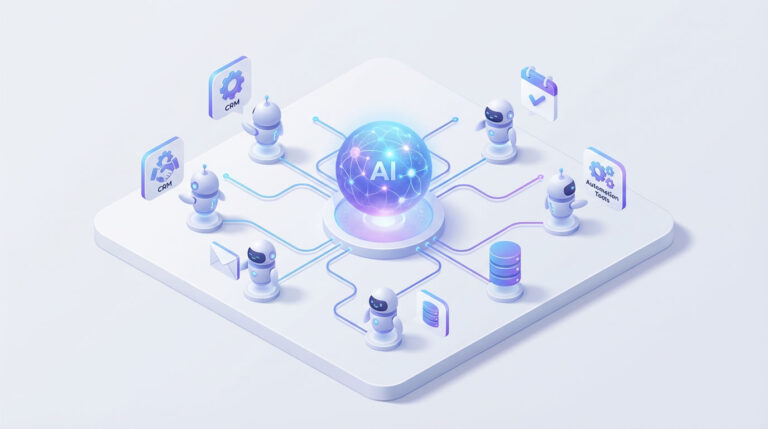 Ilustración isométrica de Agentic AI: núcleo de inteligencia artificial conectado a agentes autónomos y herramientas como CRM, email, base de datos y automatización.