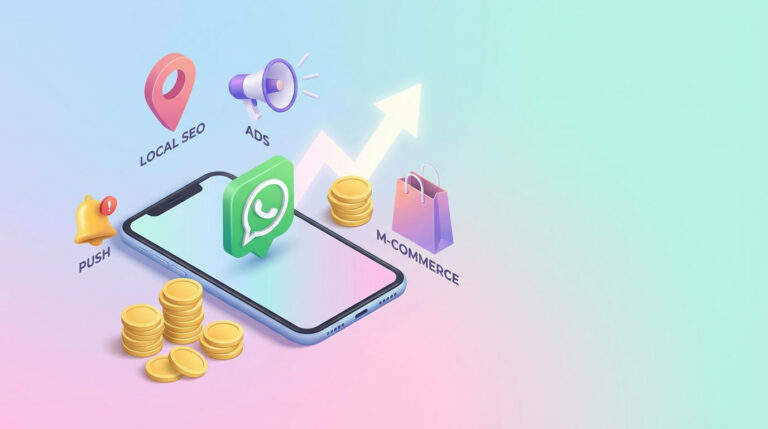 Ilustración 3D de smartphone con WhatsApp, Local SEO, Ads, push y m-commerce para ganar dinero con mobile marketing.