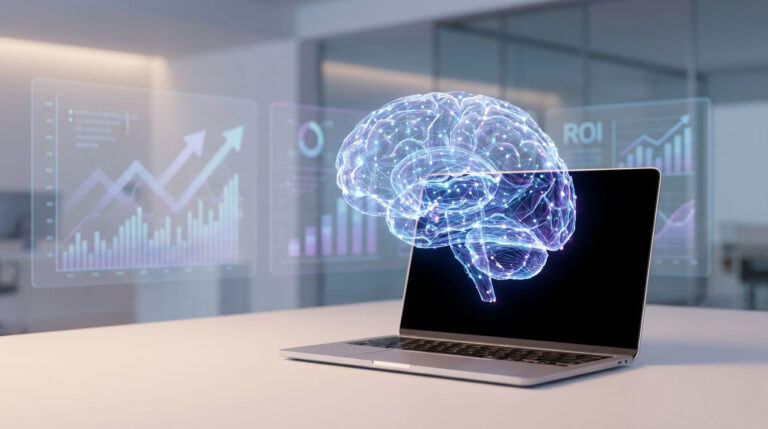 Cerebro digital holográfico sobre un portátil con gráficos de crecimiento y ROI en segundo plano