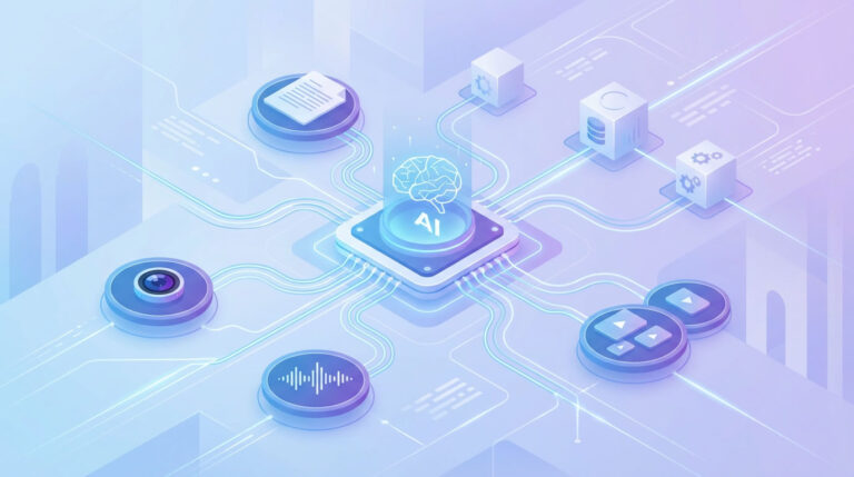 Ilustración de IA multimodal personalizada conectando texto, imagen, audio y vídeo con sistemas empresariales.