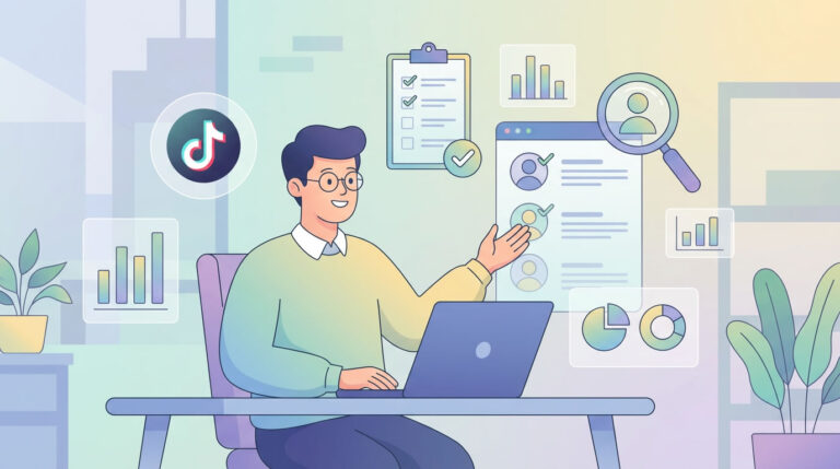 Ilustración de un profesional analizando perfiles de influencers en un portátil con checklist, gráficos y una lupa de selección.