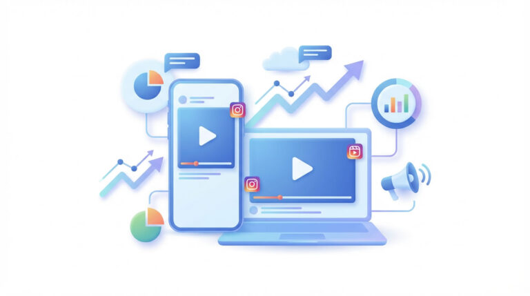 Ilustración de vídeo marketing con móvil y portátil mostrando vídeos y gráficas de analítica.