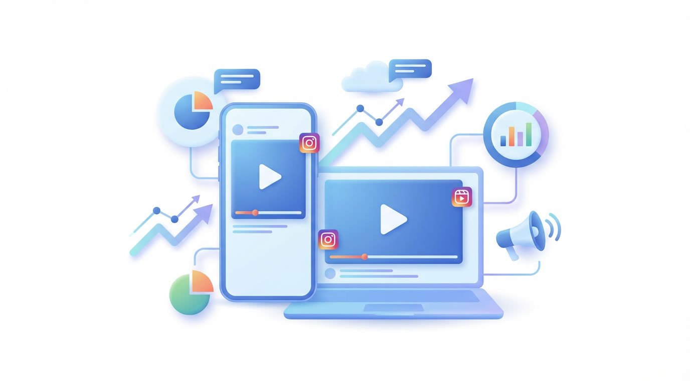 Ilustración de vídeo marketing con móvil y portátil mostrando vídeos y gráficas de analítica.